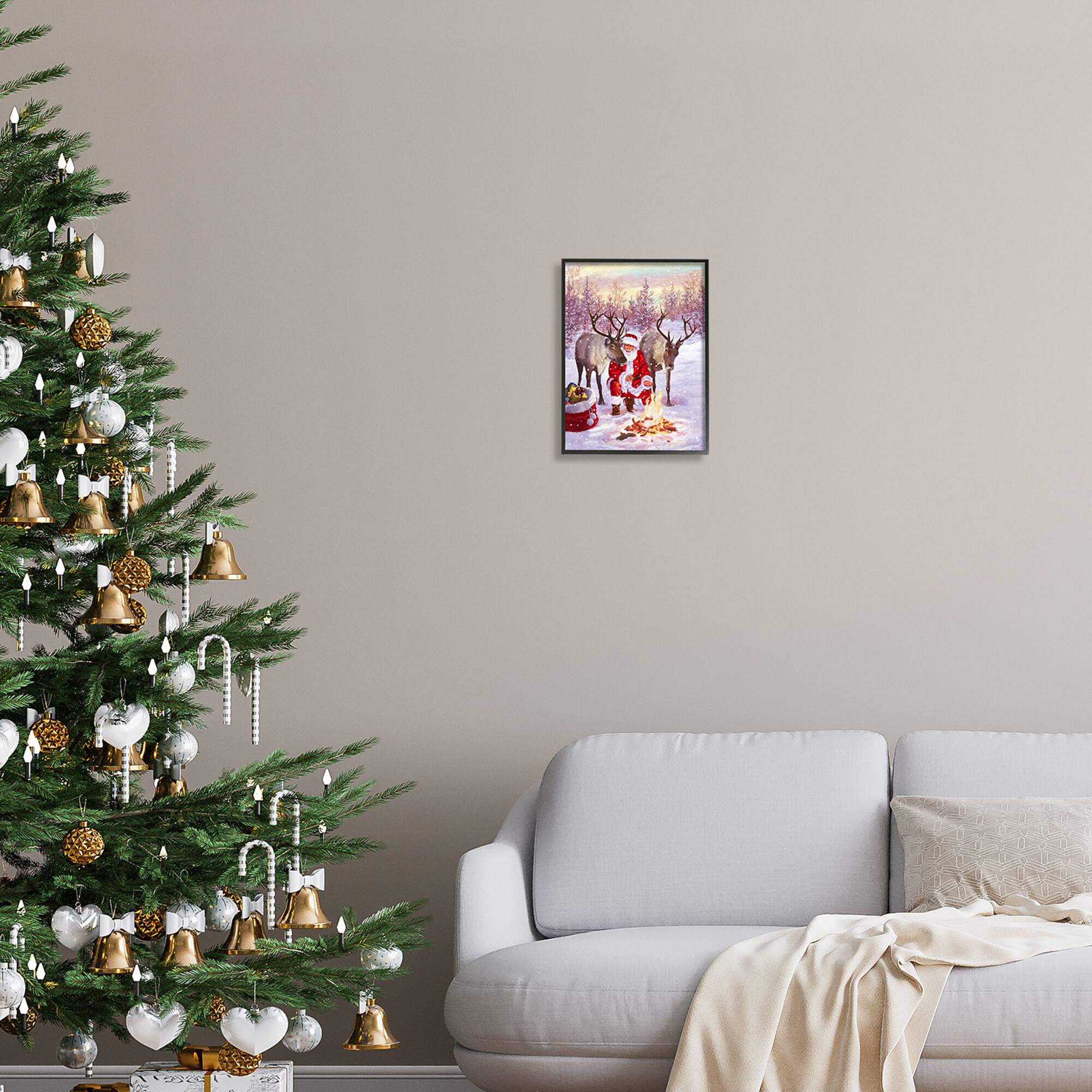 Stupell Industries Santa & Reindeer Bonfire Scene Framed Giclee Art